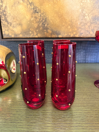 Stemless Red Champagne Flutes With Gold Beads